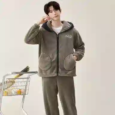 夏芬妍 简约时尚亲肤卡通连帽贵妃绒家居服加绒加厚保暖舒适可外穿秋冬款睡衣套装 男款 海鸥灰