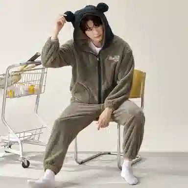 夏芬妍 简约时尚亲肤卡通连帽贵妃绒家居服加绒加厚保暖舒适可外穿秋冬款睡衣套装 男款 海鸥灰