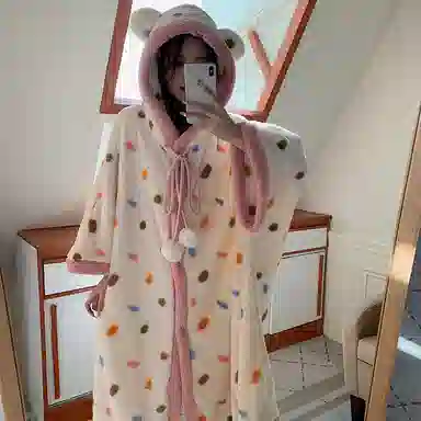 夏芬妍 柔软亲肤时尚彩点卡通连帽保暖长袖可外穿睡袍 女款 粉白色