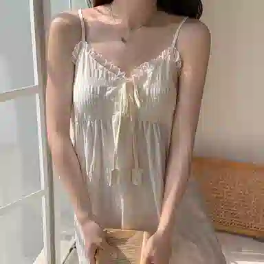 夏芬妍 甜美可爱少女粉蕾丝边蝴蝶结吊带家居服舒适柔软休闲带胸垫可外穿睡裙 女款