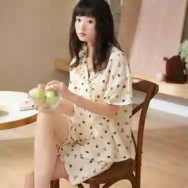 夏芬妍 甜美柔软舒适碎花蝴蝶结花边云朵棉翻领家居服亲肤休闲短袖短裤可外穿睡衣套装 女款 杏色