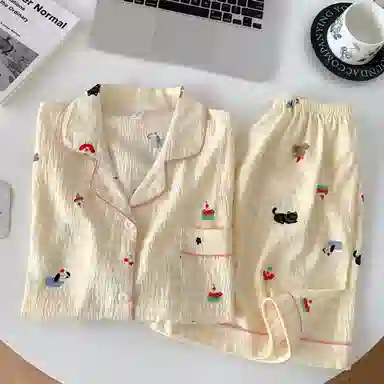 夏芬妍  可爱卡通格子小狗翻领云朵棉短袖短裤家居服柔软舒适休闲可外穿夏季睡衣套装 女款