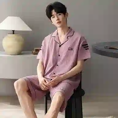 夏芬妍 简约舒适柔软字母提花云朵棉翻领开衫家居服亲肤休闲短袖短裤时尚可外穿睡衣套装 男款 紫粉色
