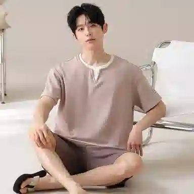 夏芬妍 亲肤舒适假两件纯棉圆领家居服柔软休闲短袖短裤时尚可外穿睡衣套装 男款 棕色