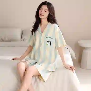 夏芬妍 简约舒适柔软条纹卡通英文纯棉翻领家居服透气亲肤宽松短袖短裤可外穿睡衣套装 男女同款