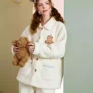 夏芬妍 舒适柔软戴帽小熊珊瑚绒开衫家居服加绒加厚蓄温保暖长袖长裤可外穿秋冬款睡衣套装 女款 白色