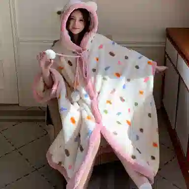夏芬妍 柔软亲肤时尚彩点卡通连帽保暖长袖可外穿睡袍 女款 粉白色