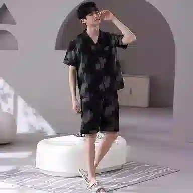 夏芬妍 时尚休闲高级感抽象方格云朵棉翻领舒适亲肤宽松短袖三件套可外穿家居服睡衣套装 男款