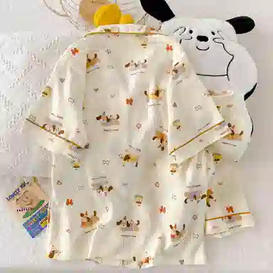 夏芬妍 柔软舒适欢乐腊肠狗云朵棉翻领开衫家居服亲肤休闲短袖短裤可外穿睡衣套装 女款 杏色