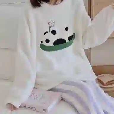 夏芬妍 简约甜美风可爱熊猫半边绒圆领家居服加厚亲肤休闲舒适长袖长裤可外穿秋冬款睡衣套装 女款 白色