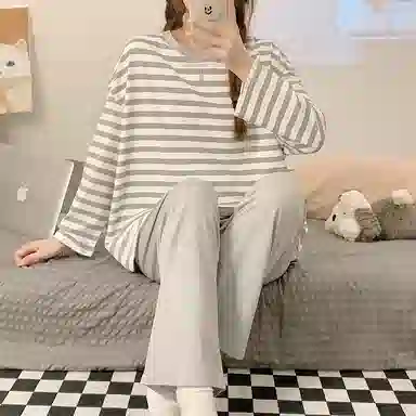 顶瓜瓜 圆领条纹图案设计简约舒适可外穿家居服睡衣套装 女款