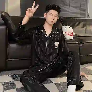 顶瓜瓜 翻领条纹卡通小熊简约风休闲舒适家居服睡衣套装 男款