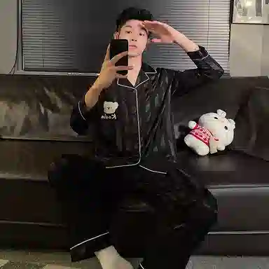 顶瓜瓜 翻领条纹卡通小熊简约风休闲舒适家居服睡衣套装 男款