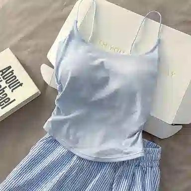 顶瓜瓜 带胸垫性感无袖吊带套头可爱甜美纯色韩版家居服睡衣套装 女款