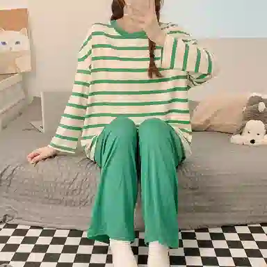 顶瓜瓜 条纹图案设计圆领简约舒适可外穿家居服睡衣套装 女款