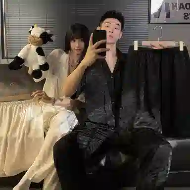 顶瓜瓜 家居简约波浪纹开衫翻领短袖服睡衣礼盒 男女同款