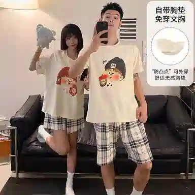 顶瓜瓜 棉质短袖短裤圆领套头卡通格子简约舒适情侣家居服夏季睡衣礼盒 男女同款