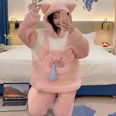 顶瓜瓜 珊瑚绒保暖加绒加厚长袖长裤连帽可爱甜美猪猪家居服冬季睡衣套装 女款