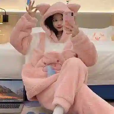 顶瓜瓜 珊瑚绒保暖加绒加厚长袖长裤连帽可爱甜美猪猪家居服冬季睡衣套装 女款