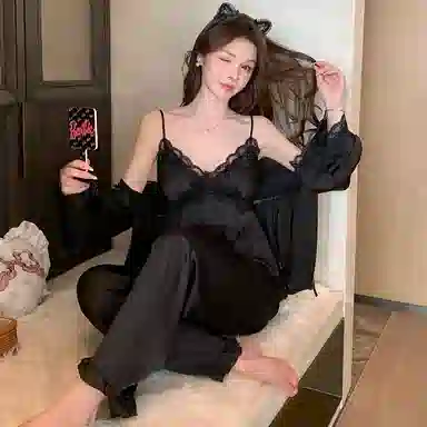 顶瓜瓜 性感冰丝吊带长袖长裤开衫简约舒适可外穿家居服睡衣套装 女款