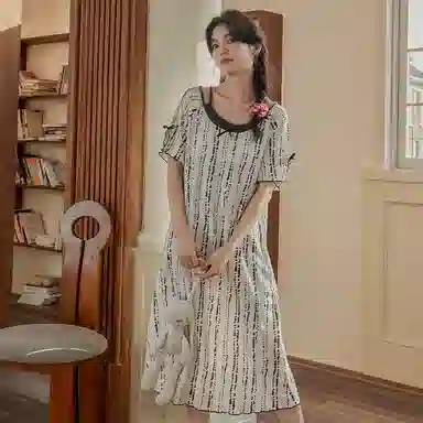 顶瓜瓜 花纹透气亲肤带胸垫短袖简约舒适可外穿家居服睡裙 女款