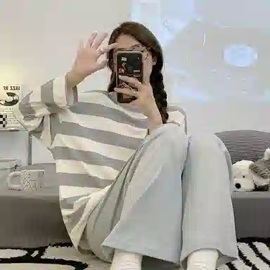 顶瓜瓜 设计简约圆领条纹图案舒适可外穿家居睡衣套装 女款