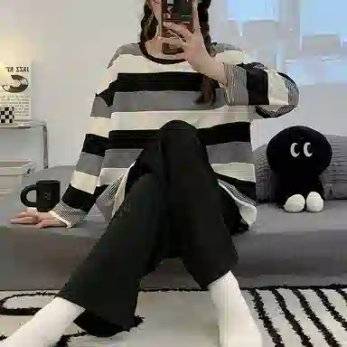 顶瓜瓜 渐变圆领条纹图案设计简约舒适可外穿家居睡衣套装 女款