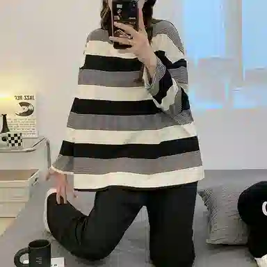 顶瓜瓜 渐变圆领条纹图案设计简约舒适可外穿家居睡衣套装 女款