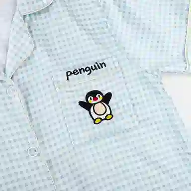 顶瓜瓜 短袖可爱卡通小企鹅格子家居服睡衣套装 女款 图片色