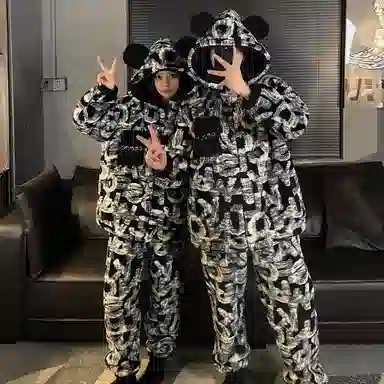 顶瓜瓜 冬季字母满印时尚简约风珊瑚绒加绒加厚保暖连帽休闲舒适家居服睡衣套装 男女同款