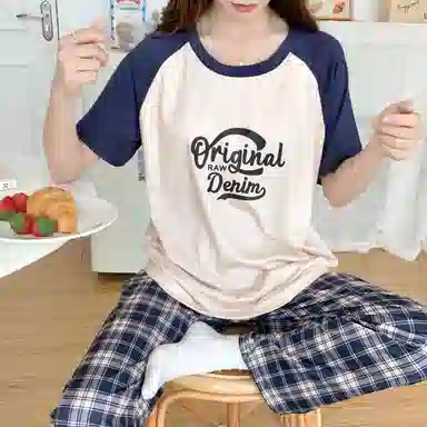 顶瓜瓜 夏季女透气简约休闲高级感短袖长裤家居服睡衣套装 女款