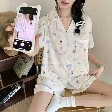 顶瓜瓜 云朵棉短袖短裤翻领开衫可爱卡通小狗休闲家居服夏季睡衣套装 女款