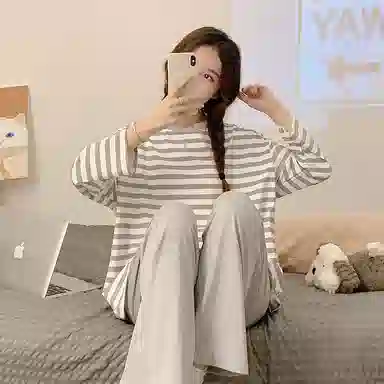 顶瓜瓜 圆领条纹图案设计简约舒适可外穿家居服睡衣套装 女款
