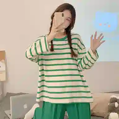 顶瓜瓜 条纹图案设计圆领简约舒适可外穿家居服睡衣套装 女款