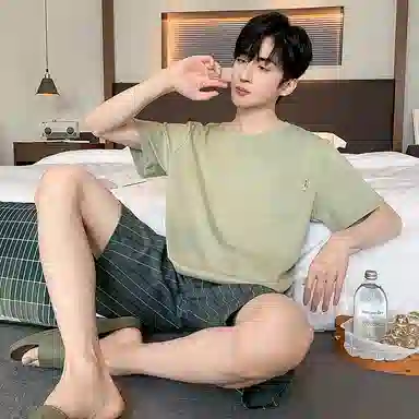 顶瓜瓜 简约舒适五分裤条纹约圆领短袖上衣睡衣套装 男款