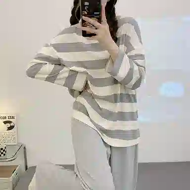 顶瓜瓜 设计简约圆领条纹图案舒适可外穿家居睡衣套装 女款