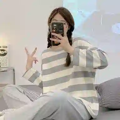 顶瓜瓜 设计简约圆领条纹图案舒适可外穿家居睡衣套装 女款
