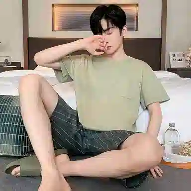 顶瓜瓜 简约舒适五分裤条纹约圆领短袖上衣睡衣套装 男款