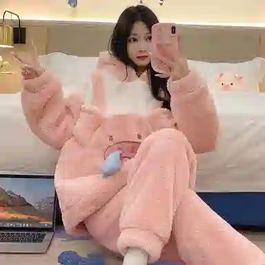 顶瓜瓜 珊瑚绒保暖加绒加厚长袖长裤连帽可爱甜美猪猪家居服冬季睡衣套装 女款