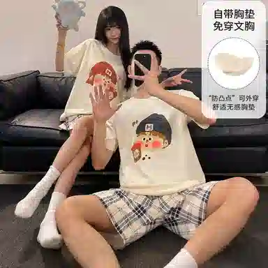 顶瓜瓜 棉质短袖短裤圆领套头卡通格子简约舒适情侣家居服夏季睡衣礼盒 男女同款