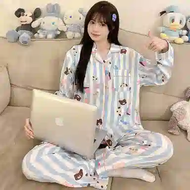 顶瓜瓜 条纹卡通动物翻领简约舒适亲肤透气面料可外穿家居服睡衣套装 女款