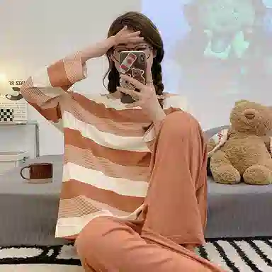 顶瓜瓜 条纹图案渐变圆领设计简约舒适可外穿家居睡衣套装 女款
