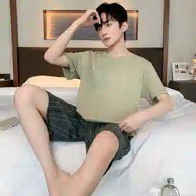 顶瓜瓜 简约舒适五分裤条纹约圆领短袖上衣睡衣套装 男款