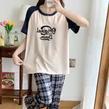 顶瓜瓜 夏季女透气简约休闲高级感短袖长裤家居服睡衣套装 女款