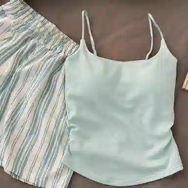 顶瓜瓜 带胸垫性感无袖吊带套头可爱甜美纯色韩版家居服睡衣套装 女款