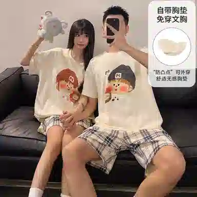 顶瓜瓜 棉质短袖短裤圆领套头卡通格子简约舒适情侣家居服夏季睡衣礼盒 男女同款