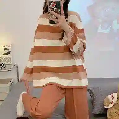 顶瓜瓜 条纹图案渐变圆领设计简约舒适可外穿家居睡衣套装 女款