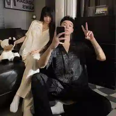 顶瓜瓜 家居简约波浪纹开衫翻领短袖服睡衣礼盒 男女同款