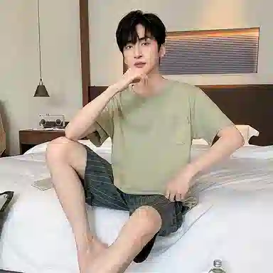 顶瓜瓜 简约舒适五分裤条纹约圆领短袖上衣睡衣套装 男款