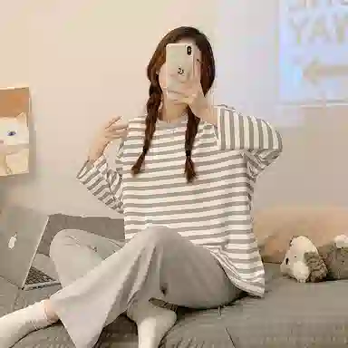 顶瓜瓜 圆领条纹图案设计简约舒适可外穿家居服睡衣套装 女款